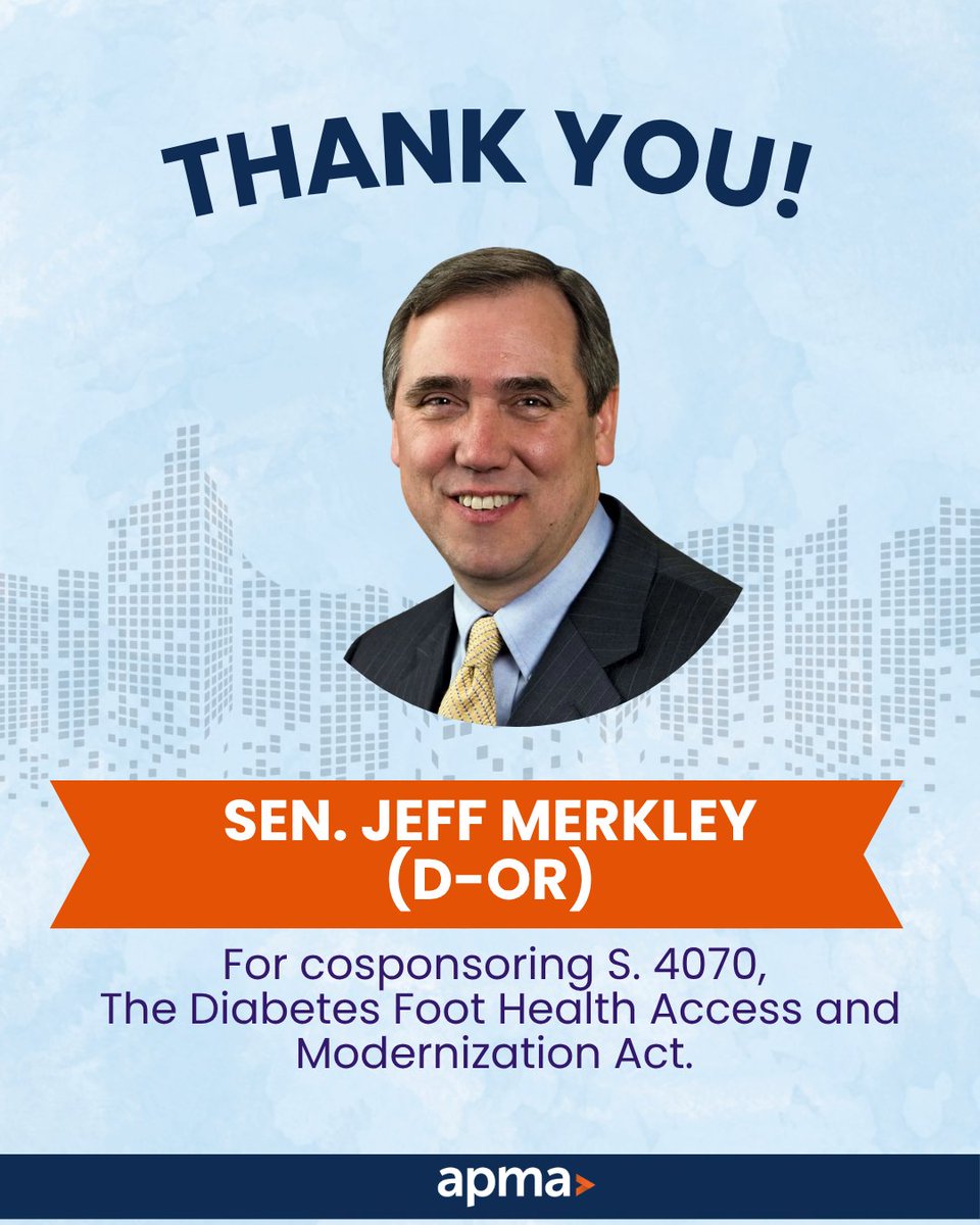 APMA's tweet photo. Thank you @SenJeffMerkley for cosponsoring S. 4070, the Diabetes Foot Health Access and Modernization Act, which would reduce Medicare documentation burdens for therapeutic shoes and establish Medicaid coverage parity for podiatrists! #DiabetesCare https://t.co/cc2ZQ3fFYQ