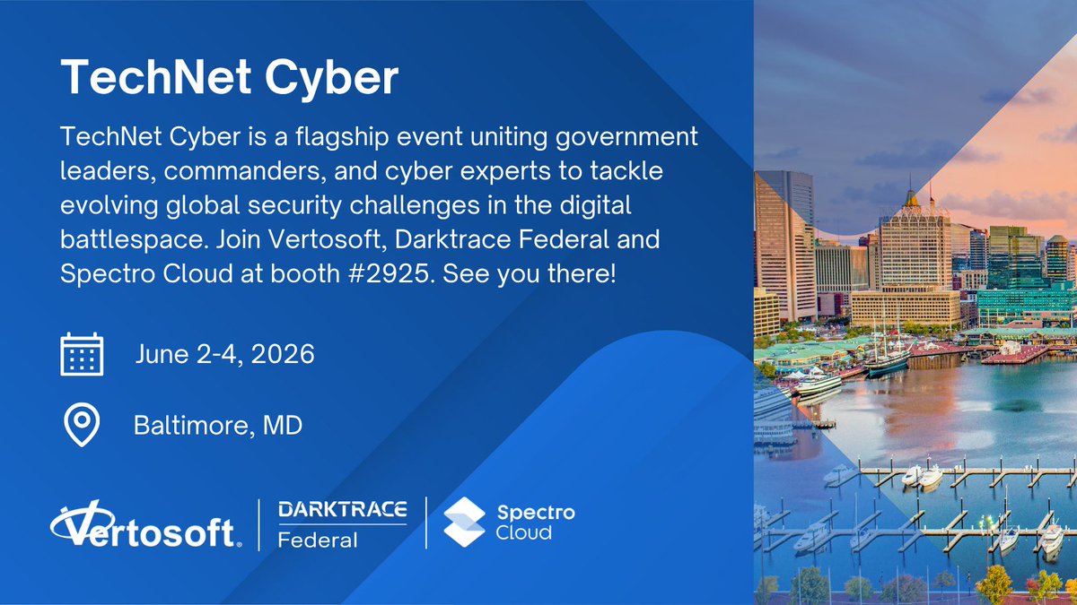 Vertosoft's tweet photo. @AFCEA TechNet Cyber is next week! Be sure to stop by booth #2925 to chat with us, @Darktrace Federal and @spectrocloudinc. See you there! #Vertosoft #DarktraceFederal #SpectroCloud #Cybersecurity #AFCEA #TechNetCyber https://t.co/iir7slec6r