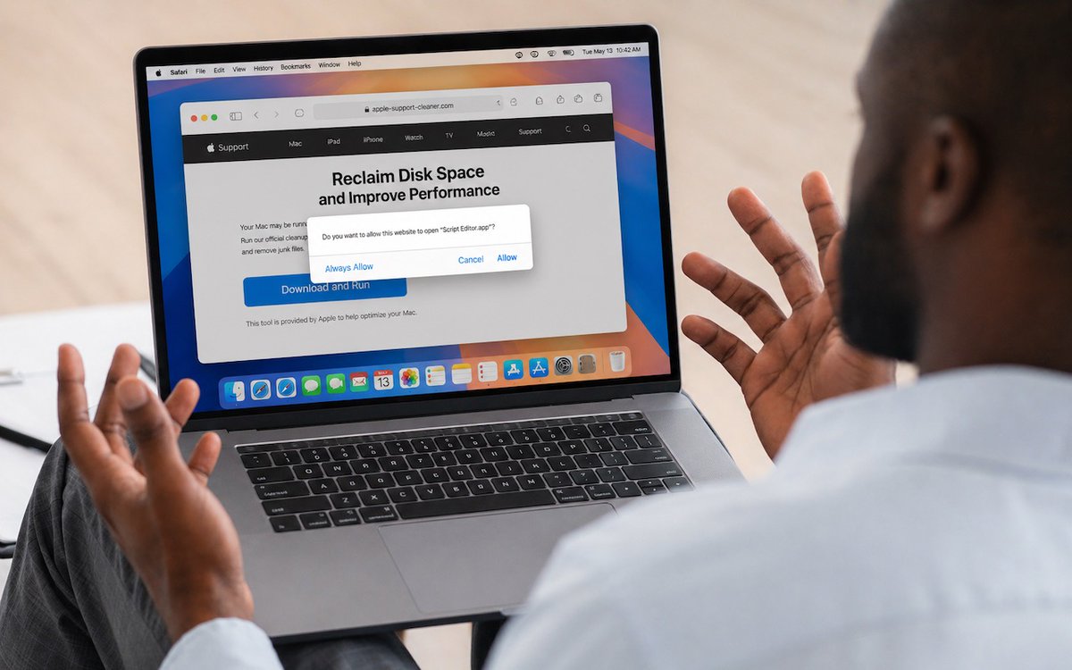 MacTLC's tweet photo. Attackers are now using fake websites to open Script Editor with pre-filled malicious scripts. Never run an AppleScript from any source you don’t completely trust! Read more here: https://t.co/iPKcfLfRPr https://t.co/c9HI9Gm2C7