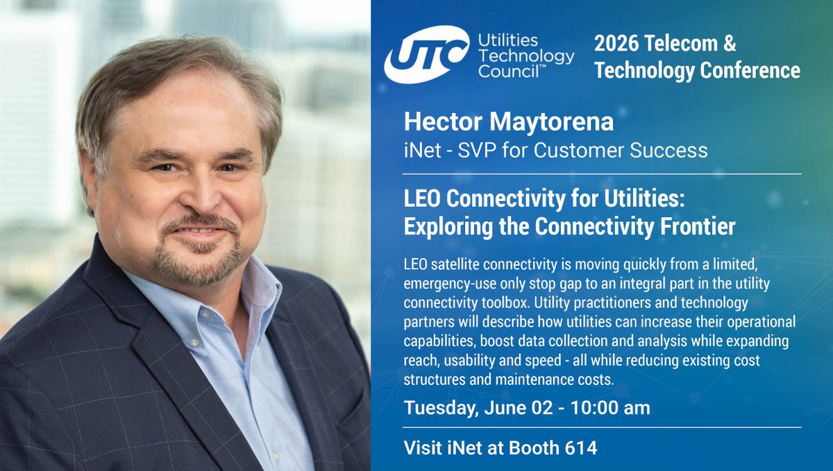 iNet_Connect's tweet photo. iNet's SVP for Customer Success Hector Maytorena will be presenting this week at UTC Telecom 2026.

#inet #connectivity #telecommunications #remote #communication #network #technology #highspeed #starlink #satellite #integration #utilities  #operations https://t.co/A2HwNd4N2d