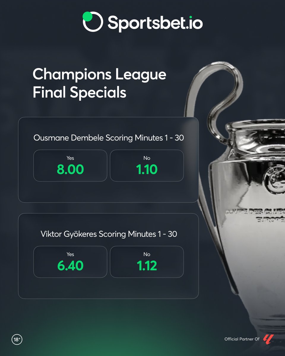 Sportsbetio's tweet photo. It's the UCL final tomorrow 😍 will we see a goal in the first 30 mins?

We've got some specials for ya 😉 https://t.co/X7CMF15Cl5