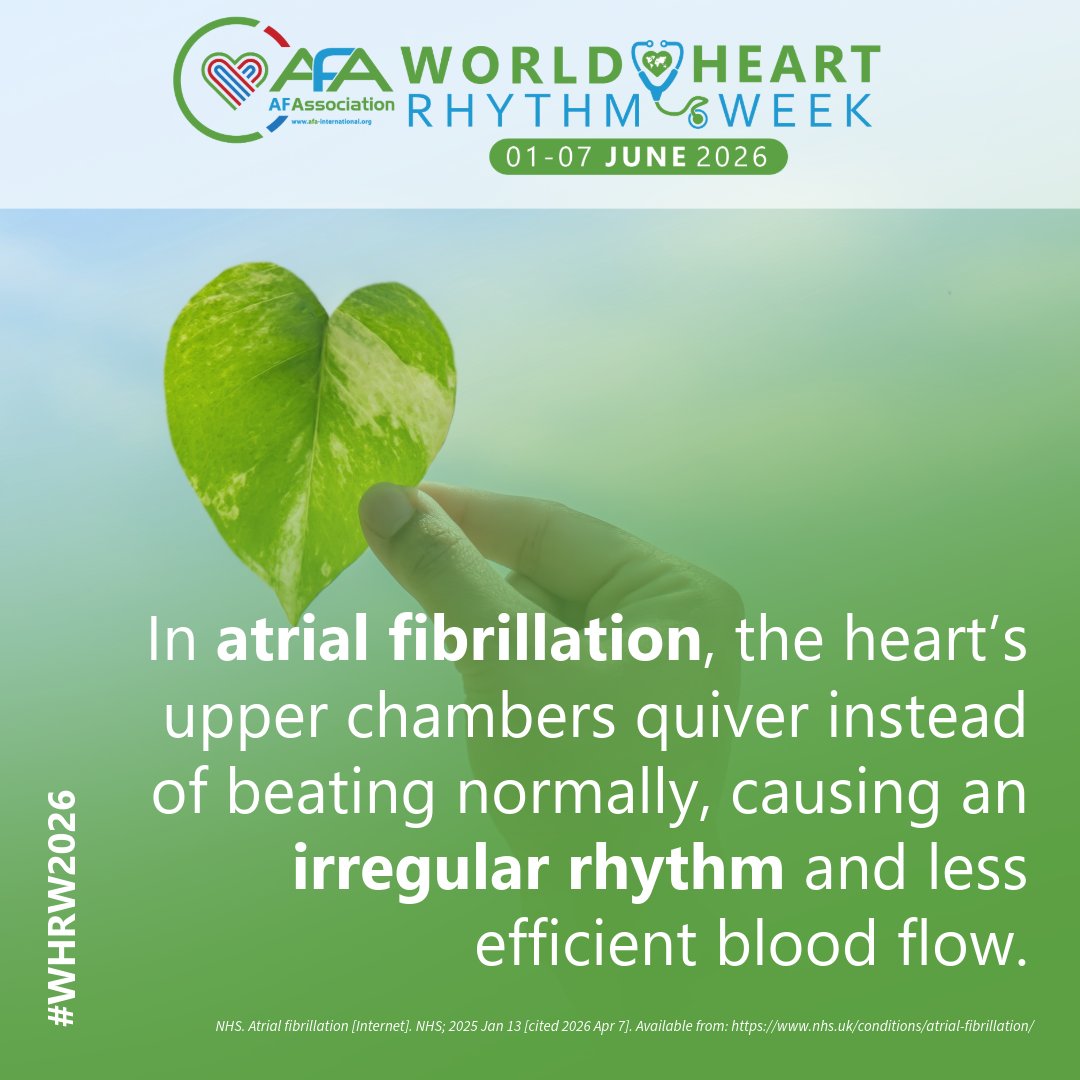 AtrialFibUK's tweet photo. In #AtrialFibrillation (AF), the heart’s upper chambers quiver instead of beating normally. This causes an irregular heart rhythm and less efficient blood flow throughout the body. AF can increase the risk of stroke, heart failure, and other serious complications.
#WHRW2026 https://t.co/VyEQr76YQ5