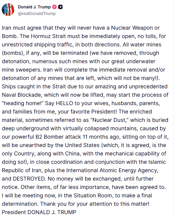 financialjuice's tweet photo. Trump outlines conditions for Iran blockade to be lifted https://t.co/vtsGf7fFNx