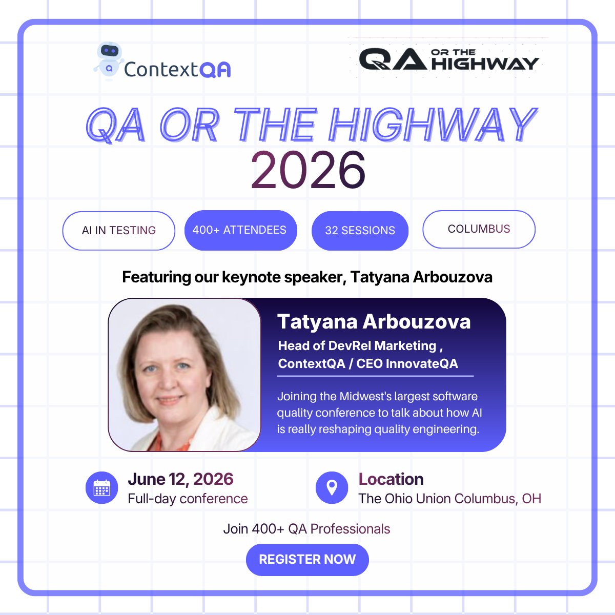 ContextQa's tweet photo. We're heading to Columbus. 🛣️

ContextQA at QA or the Highway 2026 — the Midwest's largest software quality conference.

📅 June 12 · The Ohio Union
👥 400+ attendees · 32 sessions
🎤 Tatyana Arbouzova on the keynote stage

Register now- https://t.co/ANSPjsGd53

#QAortheHighway https://t.co/9f3ka10QBX