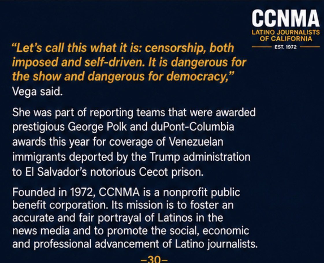 LatinoJournosCA's tweet photo. 🚨CCNMA denounces CBS News’ firing of award-winning 60 Minutes correspondent Cecilia Vega. 

“The termination of Cecilia Vega is an attack on newsroom diversity and editorial independence. Vega has been a trailblazer and role model…” https://t.co/KHJ2ShxURT