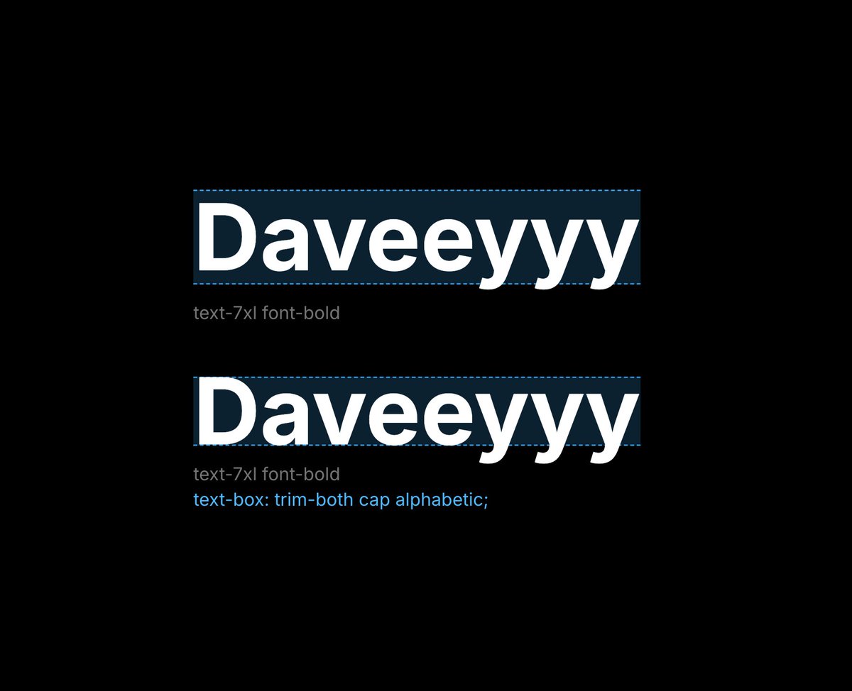 mannupaaji's tweet photo. every font has invisible space above and beyond the text

now for some reason if you want to lose it, you can do it with `text-box: trim-both` in CSS

𝚑𝟷 {
      𝚝𝚎𝚡𝚝-𝚋𝚘𝚡: 𝚝𝚛𝚒𝚖-𝚋𝚘𝚝𝚑 𝚌𝚊𝚙 𝚊𝚕𝚙𝚑𝚊𝚋𝚎𝚝𝚒𝚌;
}

cap = trim to the top of capital letters
alphabetic = trim to the baseline

works on anything with text
