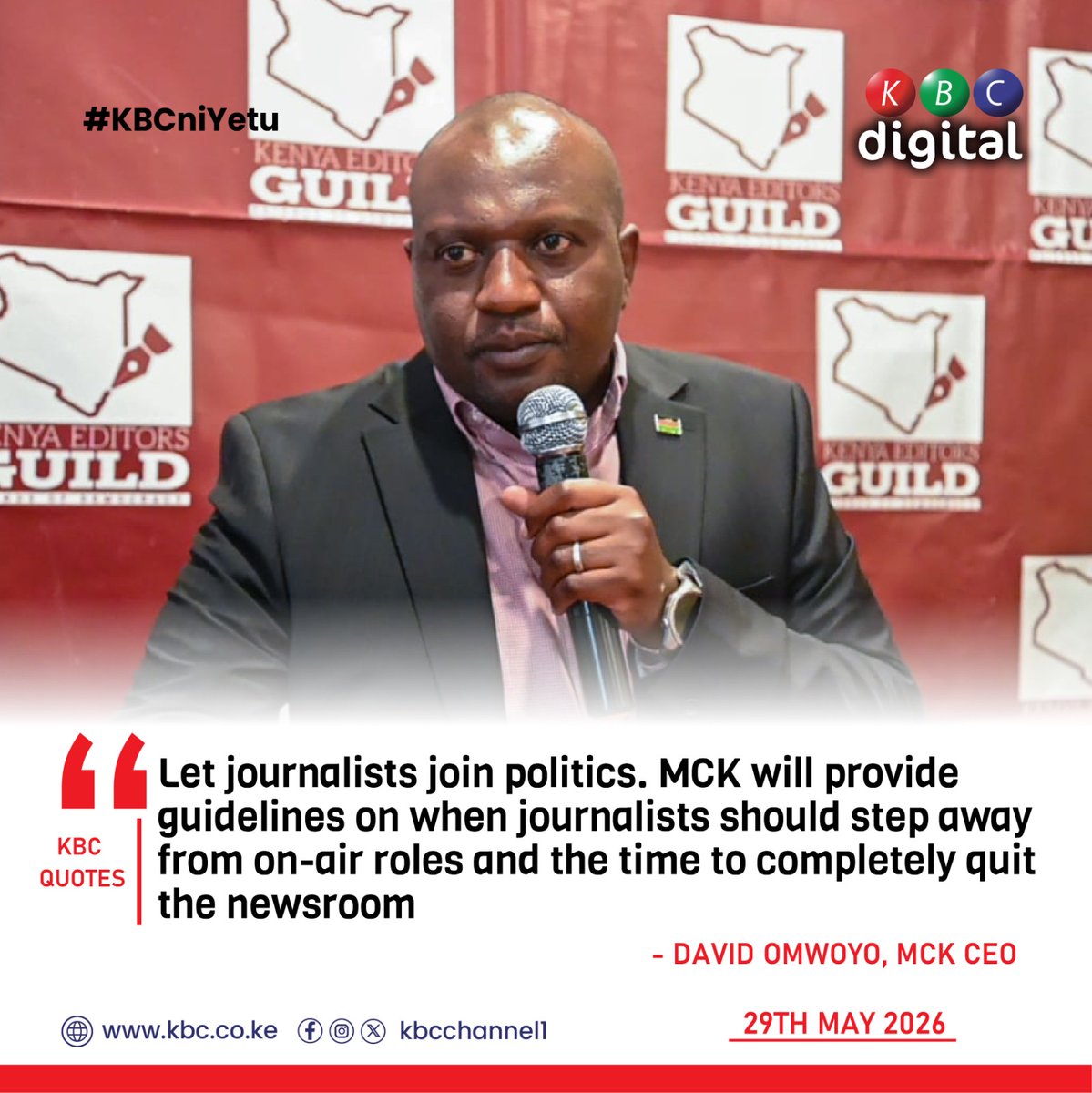 KwambokaMogoba's tweet photo. Let journalists join politics. MCK will provide guidelines on when journalists should step away from on-air roles and the time to completely quit the newsroom David Omwoyo, MCK CEO https://t.co/Sf9drWVdaU