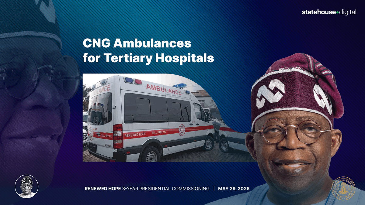 NGRPresident's tweet photo. CNG-POWERED AMBULANCES — LEKKI

🇳🇬 NOW LIVE: President @officialABAT commissions the CNG-Powered Ambulance Fleet for all 73 Federal Tertiary Hospitals across Nigeria, flagged off at Lekki-Epe Expressway, Lagos.

Delivered under the Nigeria Health Sector Renewal Investment Initiative (NHSRII) and empanelled by NEMSAS, these CNG road ambulances strengthen the referral system linking secondary and tertiary hospitals — making comprehensive emergency obstetric and newborn care faster, cleaner, and more cost-efficient.

73 hospitals. One unified emergency response. A new chapter for Nigerian healthcare.

Watch live: https://t.co/r4t7dVIsCM

#RenewedHope #NHSRII #NEMSAS