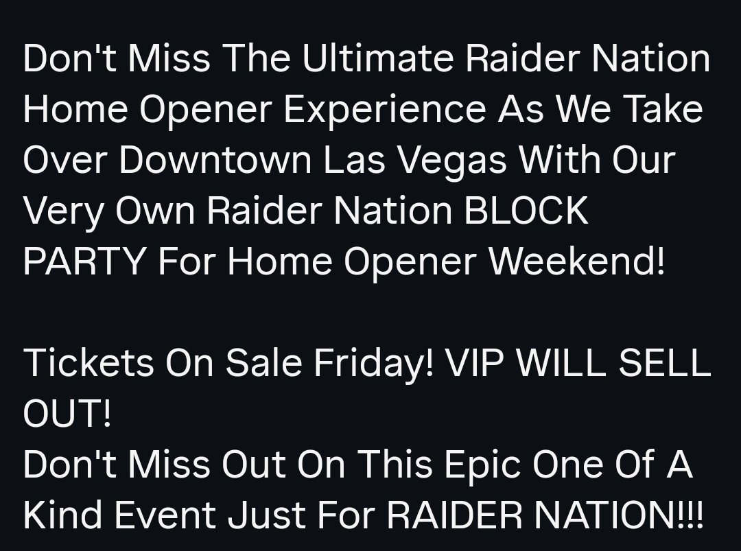 559RAIDERTravis's tweet photo. Raider Crusaders 
RAIDER NATION HOME OPENER BLOCK PARTY ....
YOU DON'T WANT TO MISS THIS
🩶🖤🏴‍☠️💯🔥 Super Epic 
Tickets Now Available 
https://t.co/diPPPIY4DI https://t.co/9pvREIIMLD