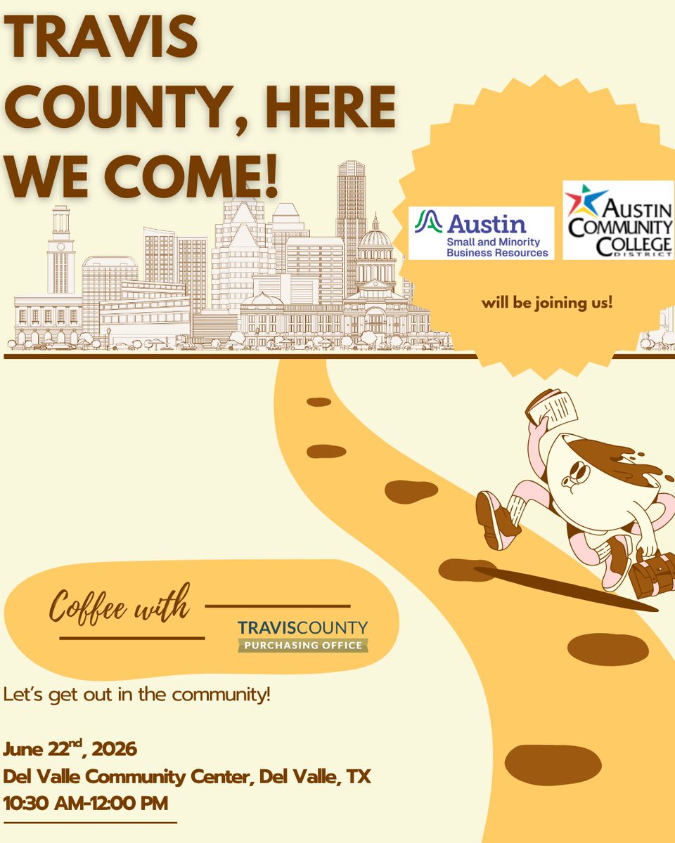 TCPurchasing's tweet photo. ☕ Join us for “Coffee with Travis County” ☕

The Travis County Purchasing Office is excited to host a community outreach event focused on connecting with local vendors, HUB businesses, small businesses, and community partners! https://t.co/4UOelyBe1h