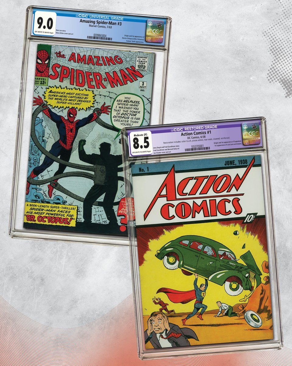 CGCComics's tweet photo. From men of steel to wall crawlers 👀 some of the most historic comics, with CGC certification, were found in #ComicLink’s Spring Featured Auction! Among the highlights was an iconic copy of Action Comics #1 graded CGC 8.5 Restored. Learn more https://t.co/JLUgQ1IYxb 🔥 https://t.co/d2bBdUTblJ