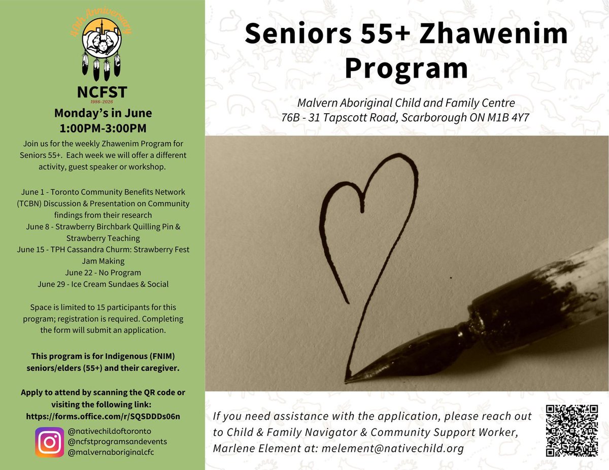 NCFST's tweet photo. Join the Malvern 55+ crew on Tuesdays in June for Zhawenim (Unconditional Love). Each week will offer a different activity, guest speaker, or workshop within a community focused environment. 

@malvernaboriginalcfc https://t.co/3rpqP4fivM