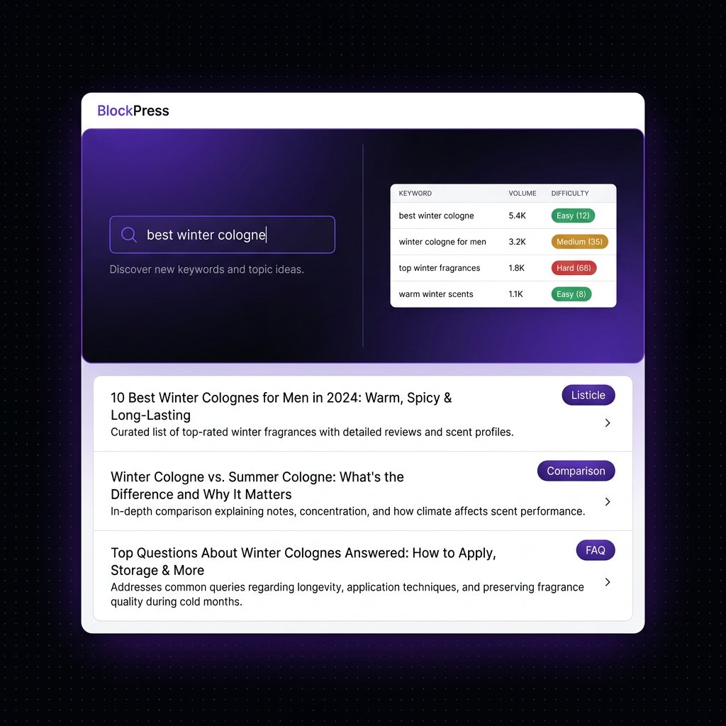 BlockPressApp's tweet photo. "I have nothing to write about" is the #1 blocker for blog content.

New in BlockPress: Topic Research panel. Paste a seed → real Google volume + difficulty + 25 expansions. OR click Generate → 10 fresh topics in your voice.

Pro+.

#shopify https://t.co/2JhlJWMuP8