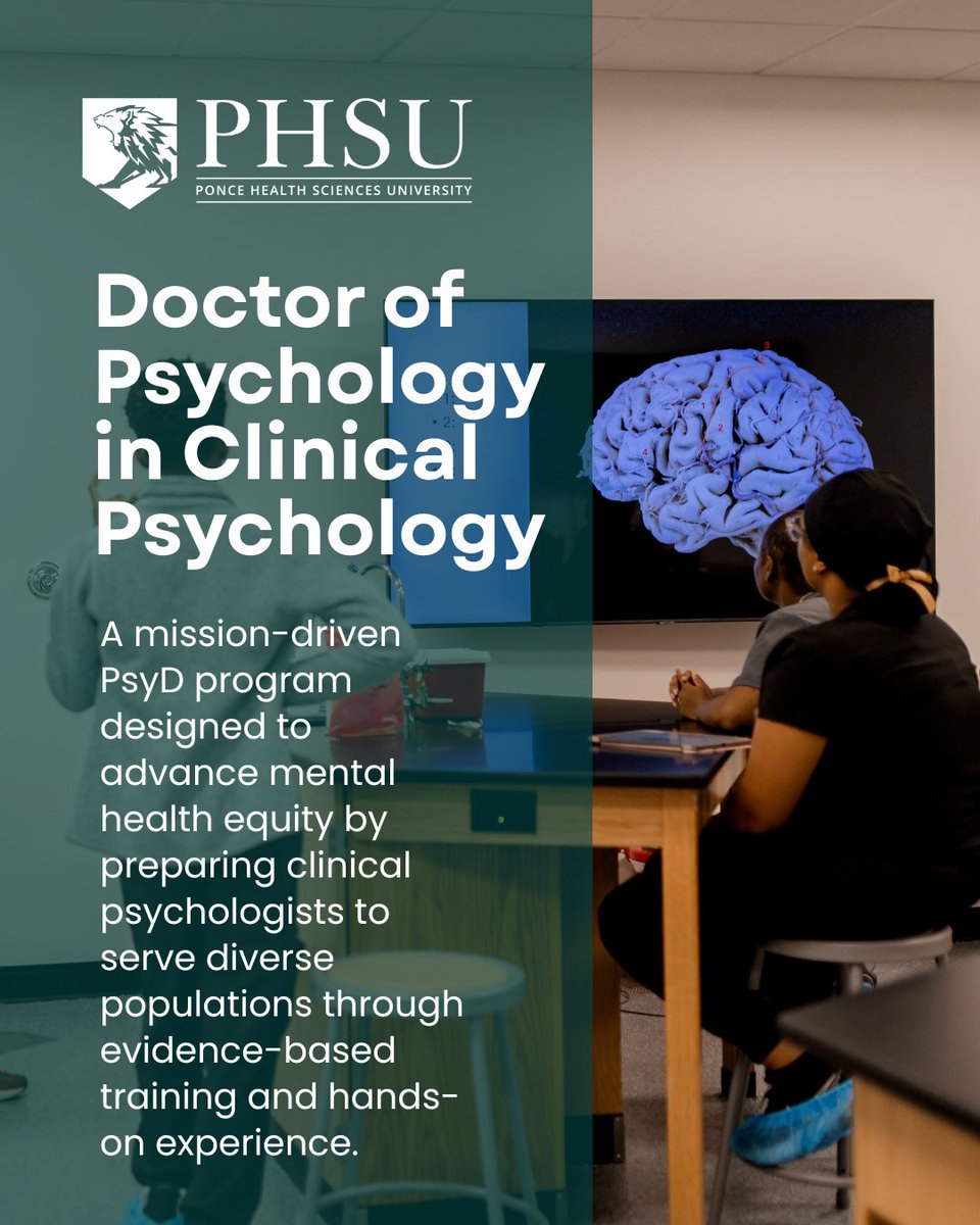 PHSUStLouis's tweet photo. Interested in helping others through science and compassion? 🧠
Our PsyD Program in Clinical Psychology at PHSU–St. Louis blends academic rigor with real‑world training to prepare clinical psychologists for meaningful careers. Explore what awaits you! https://t.co/ShbBjXFMoB https://t.co/qNpJ6B55k4