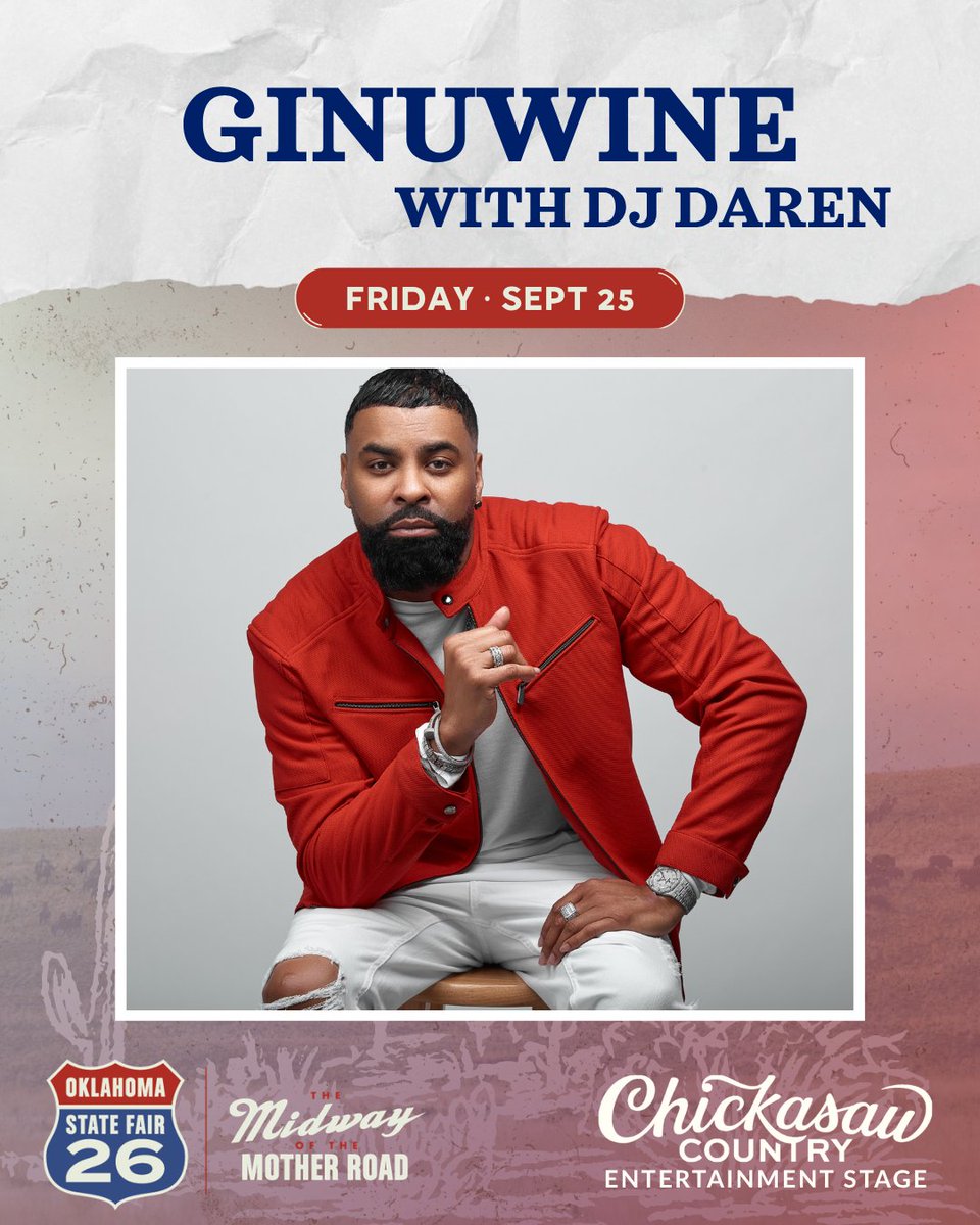 okstatefair's tweet photo. Forget the throwback playlist… Ginuwine live? Even better 🎤✨
Clear your schedules for Friday, September 25th and get ready for a night of early 2000s hits with Ginuwine and DJ Daren! https://t.co/u2JY76ugh2
