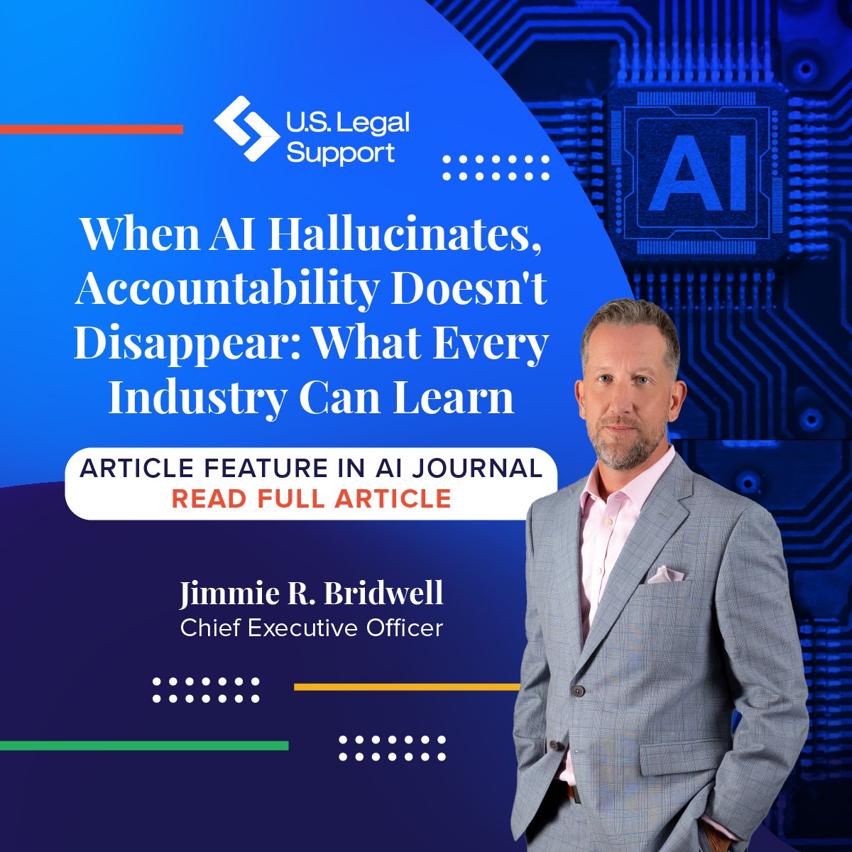 USLegalSupport's tweet photo. When #AI gets it wrong, who owns it? Jimmie Bridwell, our CEO, tackles that question in AI Journal - and the answer matters for every industry integrating AI into high-stakes workflows. 

🔗Read full article here: https://t.co/49twntijUp https://t.co/gwFJmr53Xt