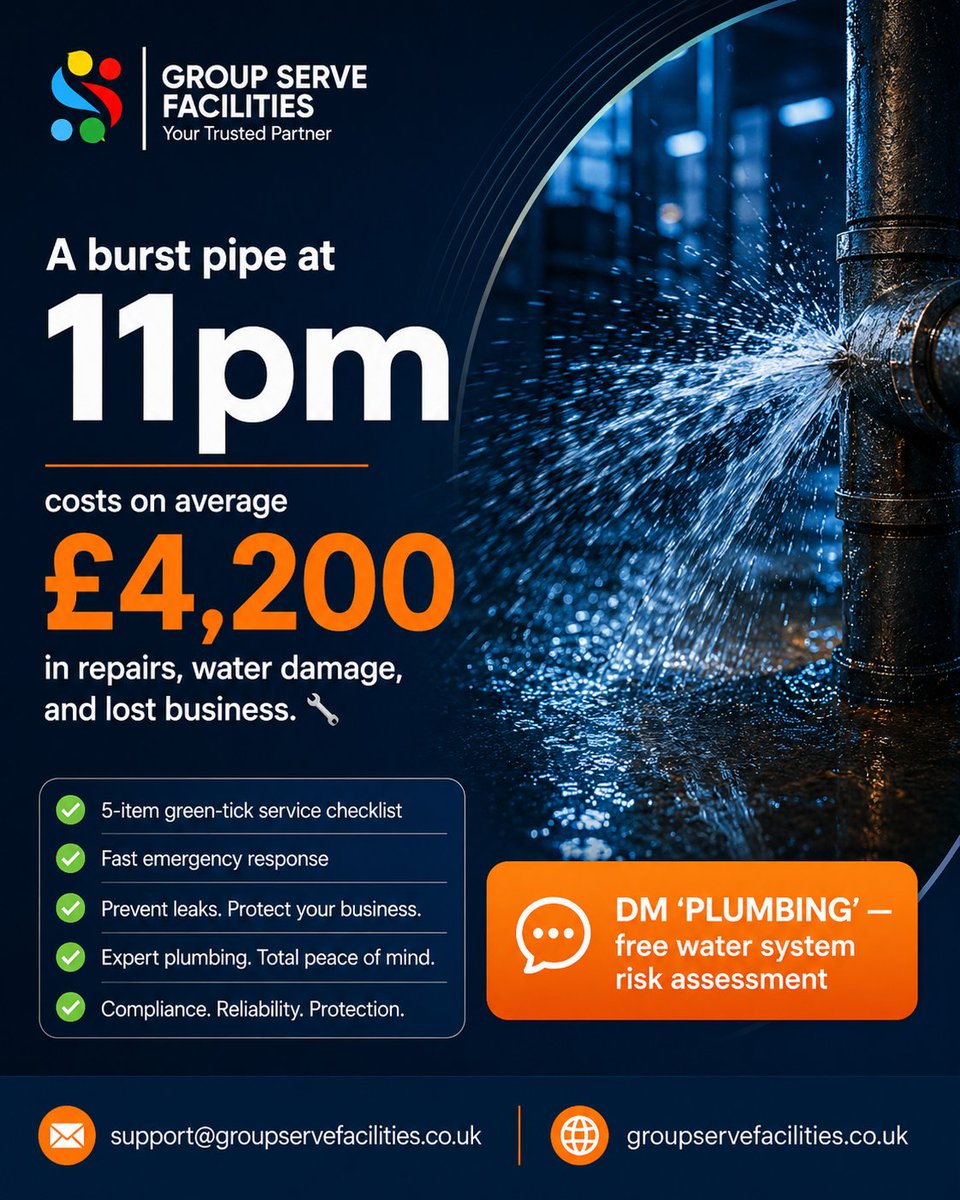 groupservefm's tweet photo. Most plumbing failures are preventable. 🚰

Missed inspections today = costly repairs tomorrow.

DM "PLUMBING" for a free water system risk assessment.

#PlumbingMaintenance #WaterSystems #FacilitiesManagement #CommercialProperty https://t.co/ZnmR6vavfZ