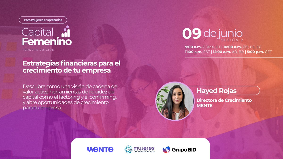 connectamericas's tweet photo. Agenda #CapitalFemenino
📅 Martes 9 de junio - 11:00 a.m. EST

Sesión 2: Estrategias financieras para el crecimiento de tu empresa con Hayed Rojas, Directora de crecimiento - Mente

Descubre cómo una visión de cadena de valor activa herramientas de liquidez de capital como el factoring y el confirming, y abre oportunidades de crecimiento para tu empresa.

Regístrate 👉 https://t.co/0ZvagCTbLo
#MujeresConnectAmericas #CapitalFemenino #Finanzas #Emprendedoras #ConnectAmericas