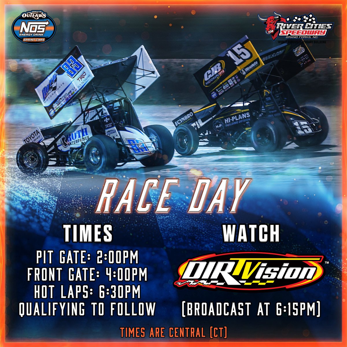 WorldofOutlaws's tweet photo. Race Day at one of the most exciting dirt tracks in the world 🤘

Grand Forks, ND’s @RiverCitiesND welcomes the World of Outlaws @NosEnergyDrink Sprint Cars tonight! https://t.co/0kVheZBFGB