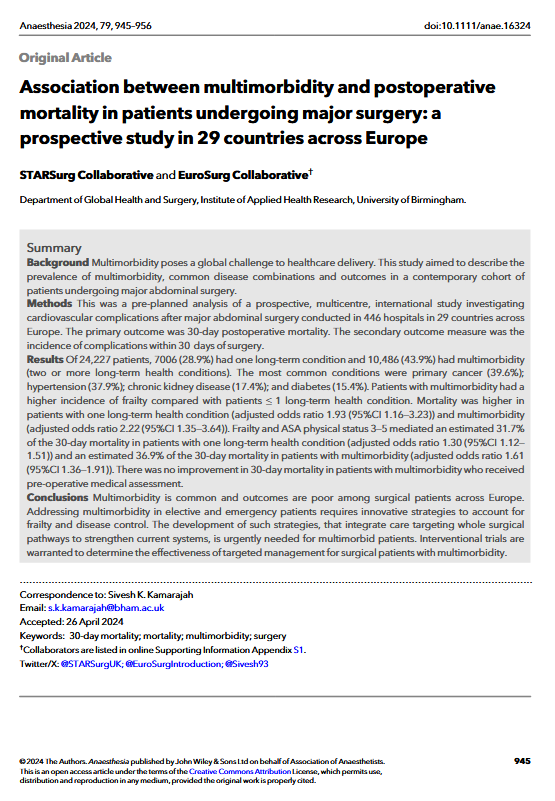 docusalut's tweet photo. Article a #Docusalut: Association between multimorbidity and postoperative mortality in patients undergoing major surgery: a prospective study in 29 countries across Europe https://t.co/8A33vWfYMq @SonEspases #PublicaSalutIB https://t.co/58Gku1ytJ9