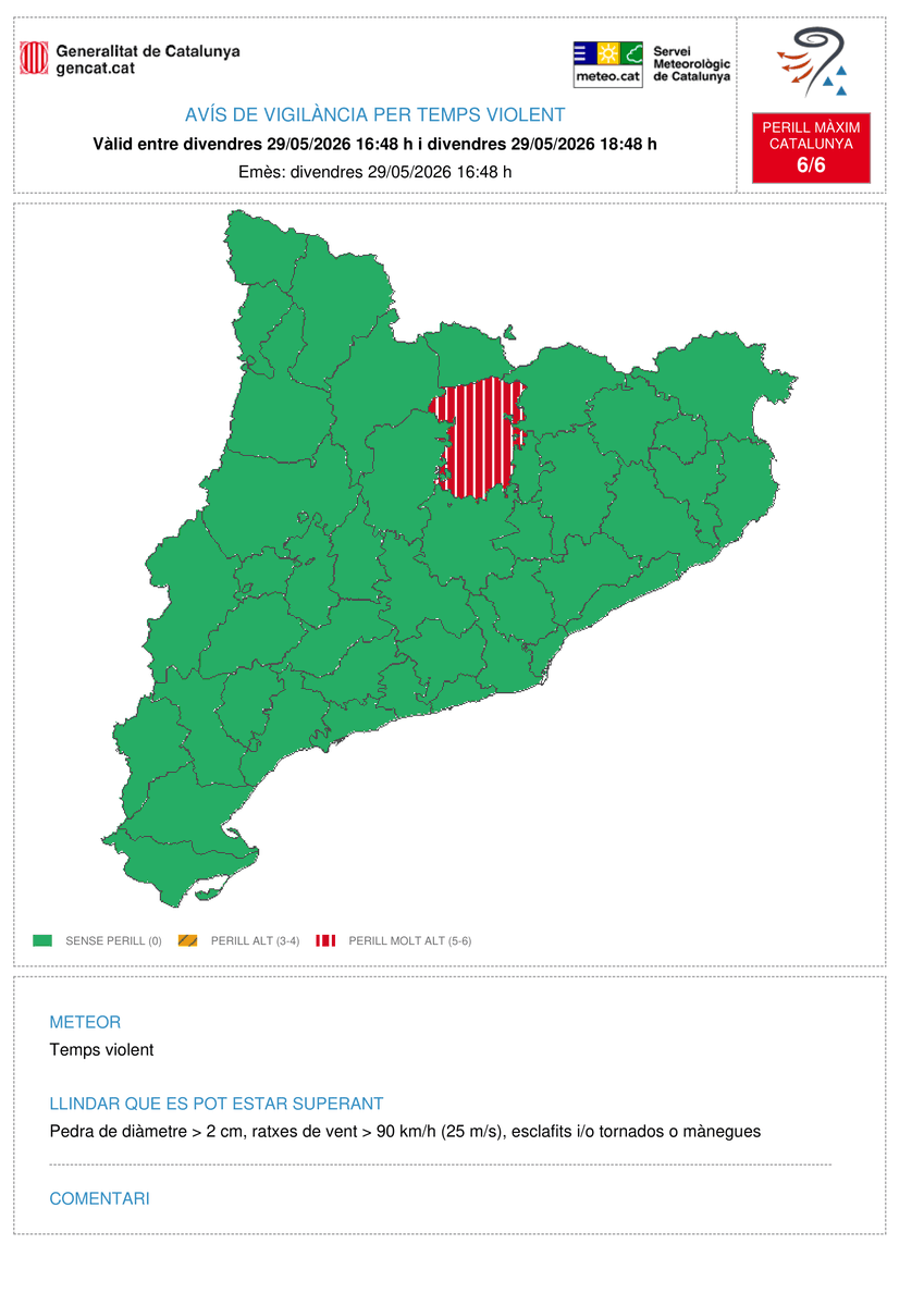 meteocat's tweet photo. ⚠️ El Servei Meteorològic de Catalunya emet avís de vigilància per temps violent (#avisosSMP) ⚠️

➡️ Dt. 16:48 h  - 18:48 h.

➡️ Possibilitat de pedra de diàmetre > 2 cm, ratxes de vent > 25 m/s, esclafits i/o tornados o mànegues.

➡️ Grau de perill màx. 🔴 6/6 https://t.co/Bp4K9Hn9Kx