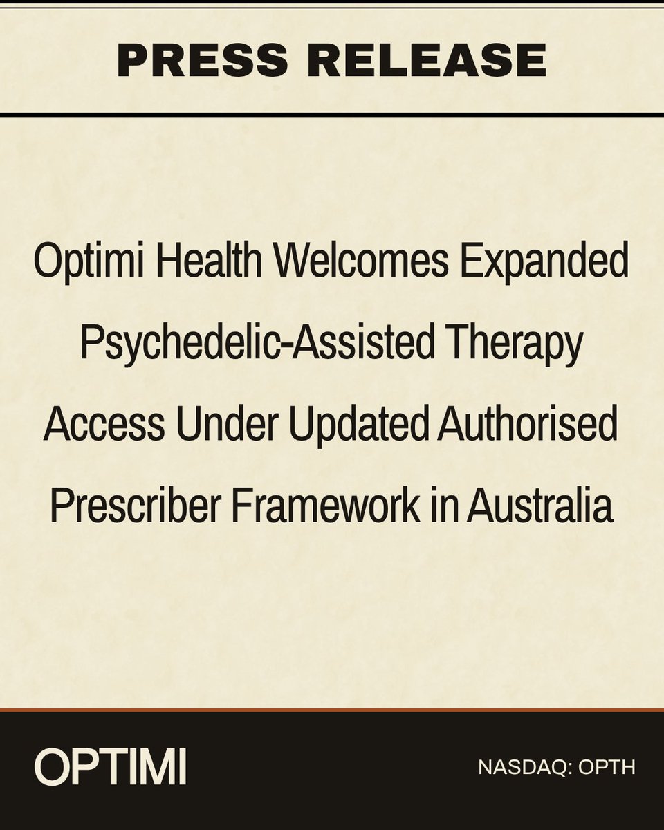 Optimi_Health's tweet photo. Optimi has acknowledged the final recommendations published by Australia's Therapeutic Goods Administration (TGA) following its targeted consultation on the Authorised Prescriber (AP) scheme for psilocybin and MDMA. Learn more: https://t.co/J80HpThPFe $OPTH https://t.co/vfmknDYrD9
