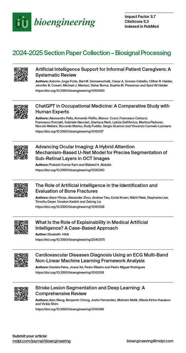 Bioeng_MDPI's tweet photo. Explore the Biosignal Processing section of Bioengineering; AI diagnostics, medical imaging, EEG/ECG analysis, wearables &amp; more. Scan the QR codes or use the link. All open access!

🔗 https://t.co/RtnY94HVjf
#MDPI #OpenAccess #Bioengineering #BiosignalProcessing https://t.co/EH1Jgks8QT