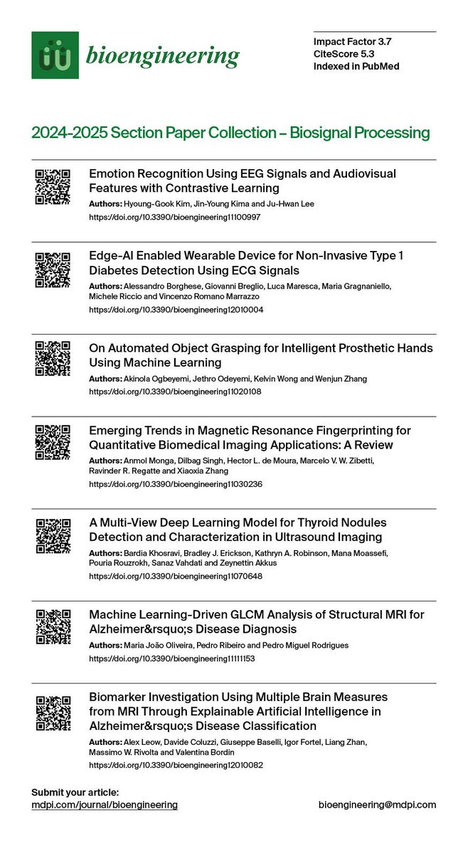 Bioeng_MDPI's tweet photo. Explore the Biosignal Processing section of Bioengineering; AI diagnostics, medical imaging, EEG/ECG analysis, wearables &amp; more. Scan the QR codes or use the link. All open access!

🔗 https://t.co/RtnY94HVjf
#MDPI #OpenAccess #Bioengineering #BiosignalProcessing https://t.co/EH1Jgks8QT