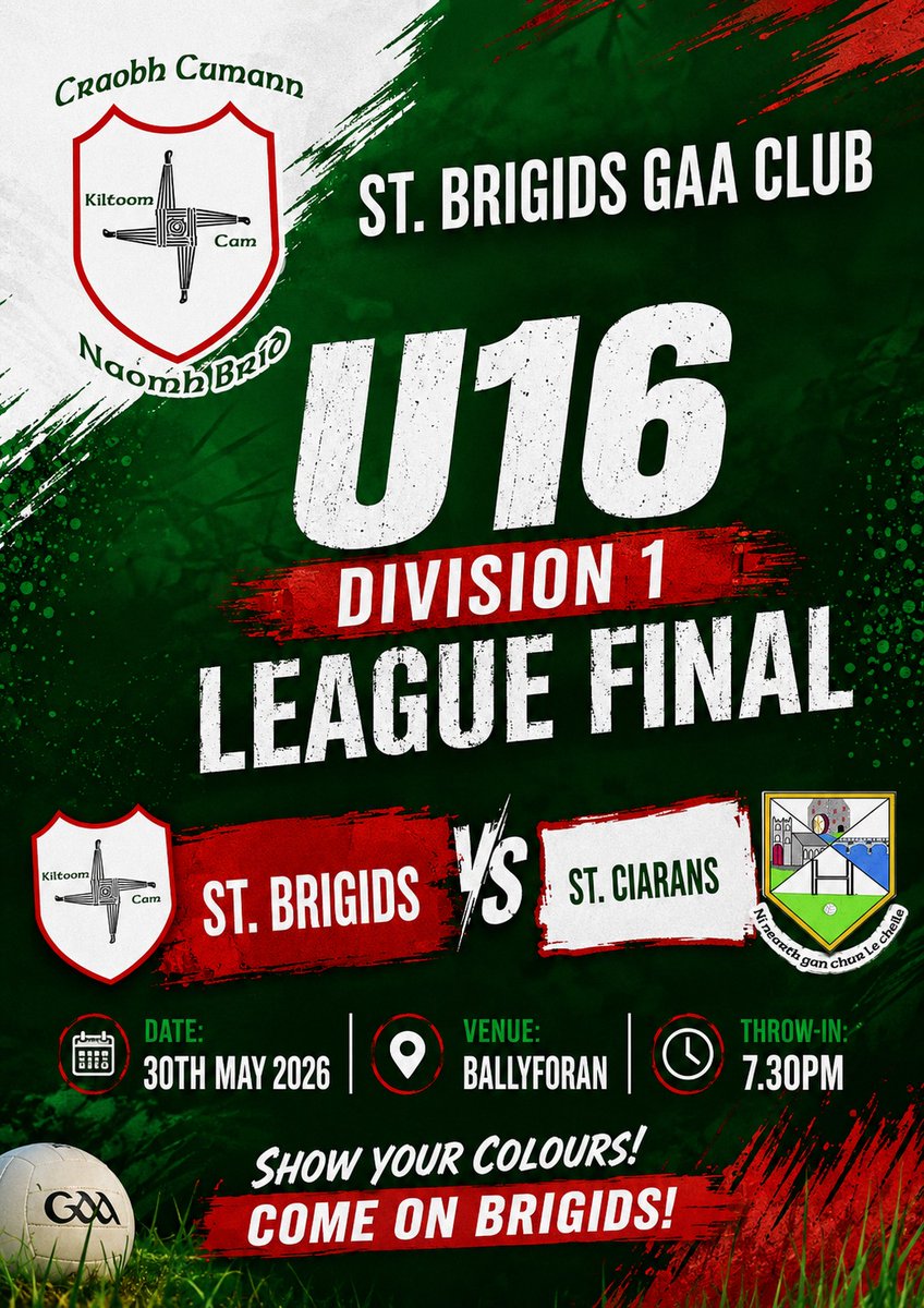 StBrigidsRos's tweet photo. Our boys U16 Division 1 league final is on Saturday 30th May in Ballyforan. Let's get a big crowd down to support the lads 🟢🔴
Get all the latest news on the St Brigids GAA Roscommon app https://t.co/Ojt5FLEuDi https://t.co/091m27gN9j