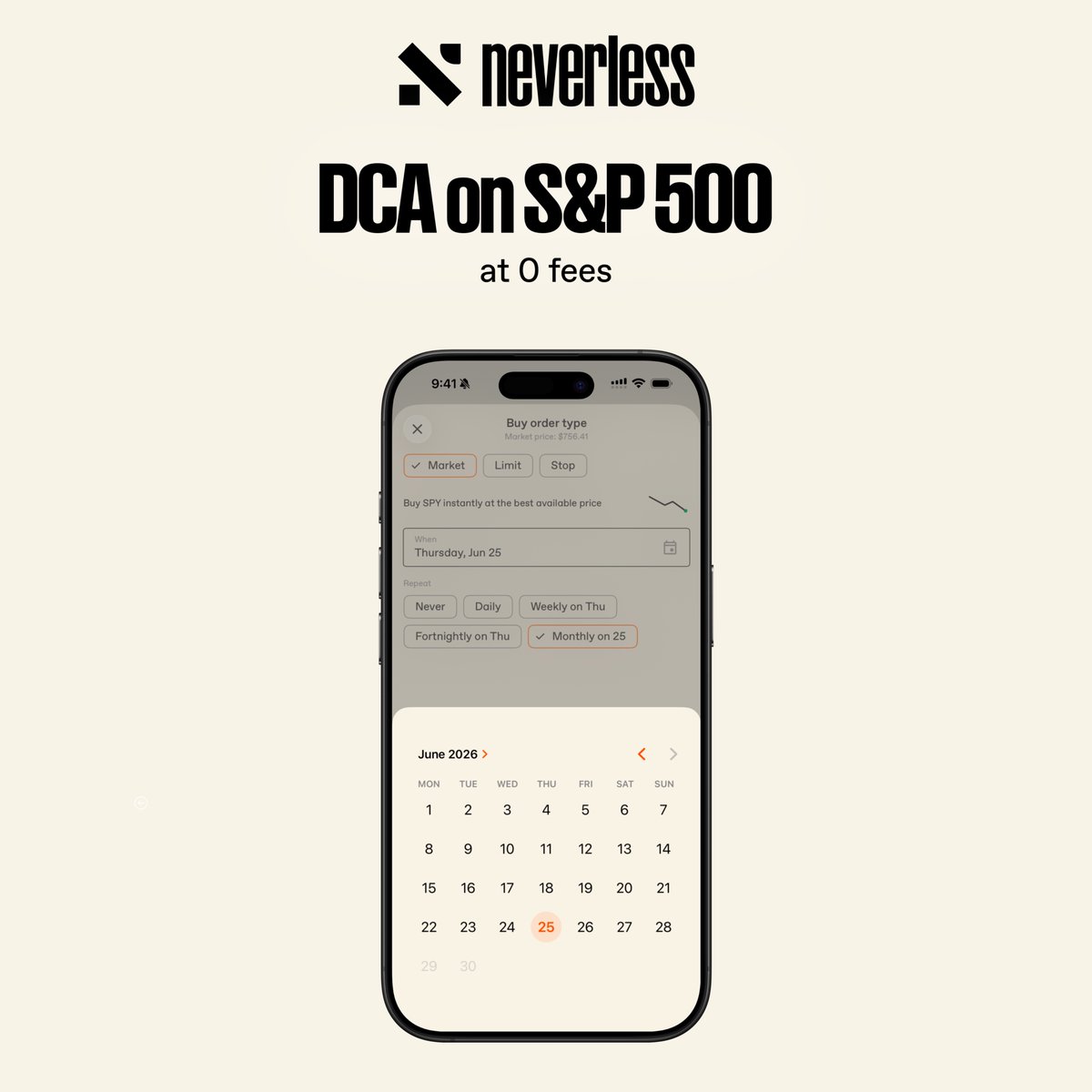 neverlessapp's tweet photo. "Just DCA into an S&amp;P 500 ETF and Bitcoin and forget about it."

You've heard it a hundred times.

Now, you can do both on one app, at 0 fees.

Daily, weekly, bi-weekly, or monthly: you choose. https://t.co/1LAFQ63vQ6