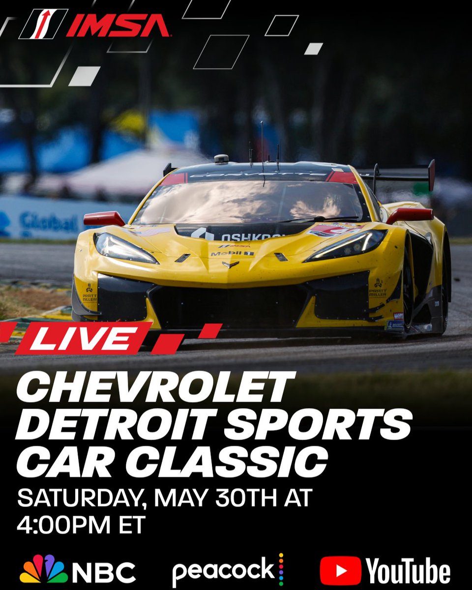 VIRNow's tweet photo. The @IMSA WeatherTech SportsCar Championship heads to the streets of Detroit for the 5th race of the 2026 season! (another 100-Minute race!)

Coverage of the Chevrolet Detroit Sports Car Classic begins on Saturday, May 30 at 4:00 PM ET on NBC.

Be sure to reserve your tickets for the 2026 Michelin GT Challenge at VIR!

🎟️: https://t.co/iKOO9k9uAX