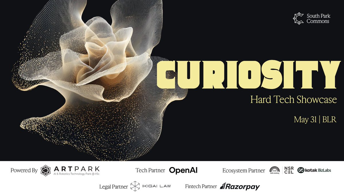 spc_india's tweet photo. Just a day away!

Curiosity 2026. 
Our biggest hard/deep tech event ever. 

Watch teams compete science-faire style, showcasing their live demos...for ₹1.25 Cr+ in grants, $85 K in OpenAI credits and more.

This is the last call to apply to attend. Please register on Luma, as we have to close the guest list. 

Big thank you to all our partners! 

Powered By @artparkindia
Tech Partner @OpenAI 
Ecosystem Partner @nsrcel 
Legal Partner @ikigailaw 
Fintech Partner @Razorpay