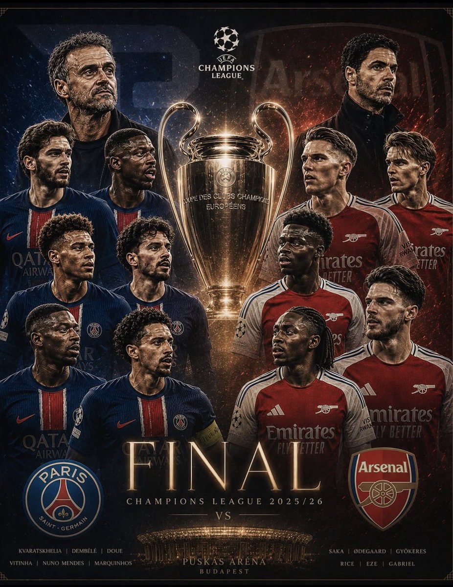 AgentZee10's tweet photo. Things you need to know ahead of the Champions League final between Arsenal and PSG 🔵🔴

This Arsenal vs PSG is the first-ever English vs French final in the competition’s history

Arsenal are one of the clubs with the most Champions League matches played without ever winning the trophy (225+ games).

Arsenal’s only UCL final appearance ended in defeat against Barcelona in 2006.

Arsenal are currently on a four-match losing run in European finals ( 1995, 2000, 2006 and 2019).

Arsenal have been one of the best defensive sides in this season’s competition, only club unbeaten in this ucl 11W 3D, conceding just 6 goals and keeping 9 clean sheets, one short of the all-time record. 10 clean sheets, tied by Arsenal (2005/06), Real Madrid (2015/16), and AC Milan (1993/94)

Luis Enrique won the Champions League twice, one with Barcelona in 2015 ( treble year) another with PSG last season and also now aiming to deliver PSG’s first-ever back to back UCL title after Real Madrid.

Luis Enrique has the Highest win rate by any manager with 50 win in 77 UCL matches, surpassing Guardiola 50 in 80. 

PSG are close to matching the all-time Champions League single-season scoring record, currently on 44 goals and need only one more goal to equal Barcelona 45 goals in 1999/2000 season.

If Arsenal win, they get to life their first UEFA Champions League trophy and if PSG win the become the second club post 1992 to win UCL back to back after Real Madrid.

#PSGARS
