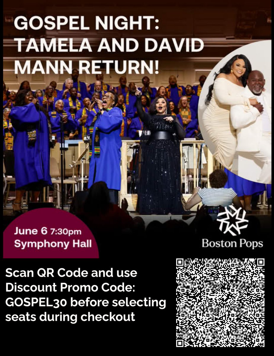 BMABoston7's tweet photo. Big thanks to our friends at the Boston Symphony Orchestra! First-come, first-served—use discount promo code GOSPEL30 at checkout before selecting seats. Gospel Night: David &amp; Tamela Mann Return — June 6 at 7:30 PM, Symphony Hall. #GospelNight https://t.co/8h7ZEFB7Pi