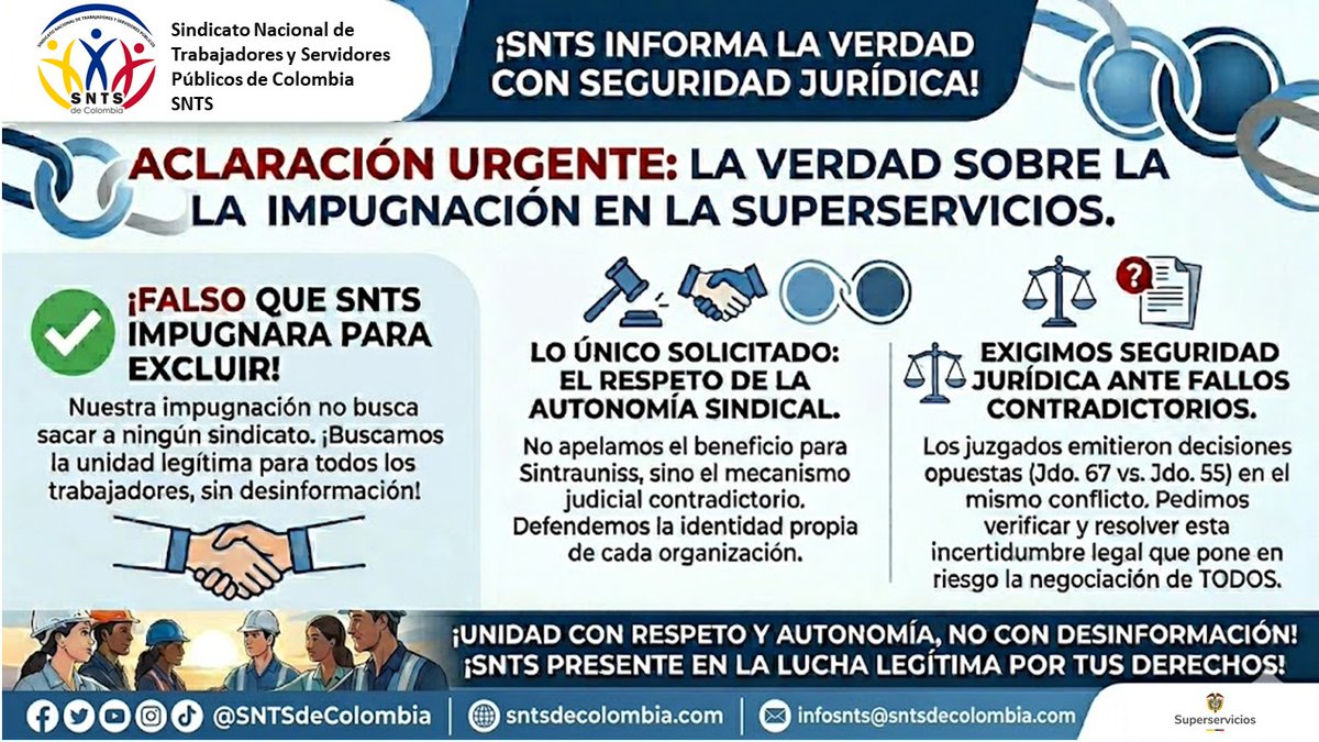SNTSdeColombia's tweet photo. @SNTSdeColombia informa la verdad con seguridad jurídica

Nuestra postura frente a  situación jurídica de las negociaciones colectivas 2026 en la @Superservicios se encuentra debidamente soportado en las pruebas documentales y actas allegadas oportunamente a los Juzgados 55 y 67 https://t.co/paOSbmsdTS