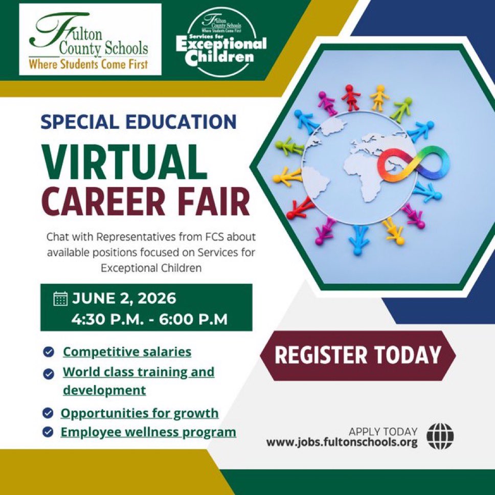 FCS_SEC's tweet photo. 📢Seeking Special Education Teachers &amp; Paras! Join us! Chat with Fulton and find out what opportunities are available. @mkberry @YolandaBW @SherryCP3 
📆Register Today: https://t.co/Vd17GbuhW8 https://t.co/dEat5qixeC