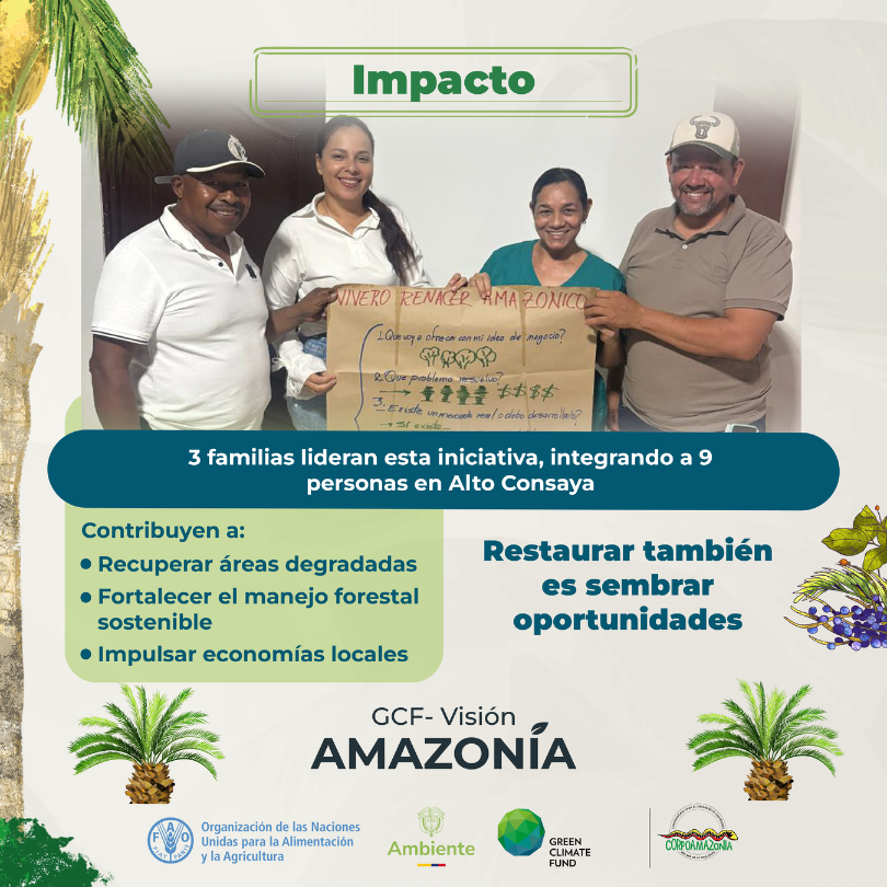 FAO_Colombia's tweet photo. El Vivero Renacer Amazónico es una de las iniciativas seleccionadas de la convocatoria #InnovaYAC del #GCFVisiónAmazonía
9️⃣personas,3 familias,le apuestan a la restauración de áreas degradadas en el NDFyB #Solano con plántulas de especies nativas🌱
➕info: https://t.co/Lvv9PIixkF https://t.co/rYApTSntQb
