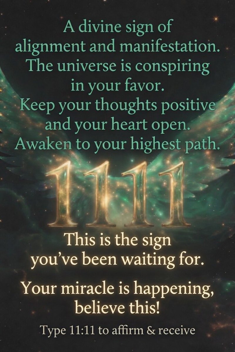 findinmyway2luv's tweet photo. 🌟Angel Number 11:11🌟

This is your sign (your frequency aligns to the message⚡️💚) and is a powerful reminder of spiritual alignment, divine synchronicity, and manifestation.💫😇

Whenever you see 11:11, it’s a loving nudge from the universe that your thoughts are powerful and your path is unfolding beautifully.🌅✨

Your miracle is happening!🫶🕊️

Type 11:11 to affirm and receive the blessings coming your way!🎼☀️