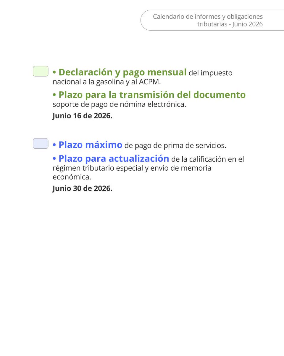 actualicese's tweet photo. #Infografía | 📅 Ojo con las fechas clave de junio. ¡No dejes pasar estos vencimientos tributarios! ✨

🚀 ¡Evita sanciones y cumple a tiempo! 💼💰

💻 Ingresa aquí y consulta el Calendario Tributario 2026 👉 https://t.co/1pN58MN8PV https://t.co/tSu0PAcDTA