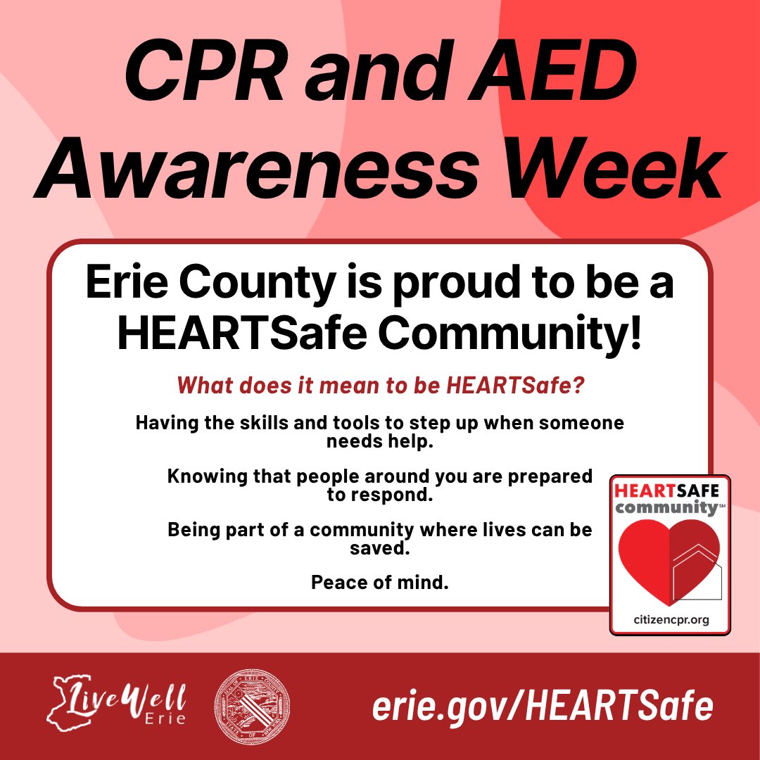 ErieCountyNY's tweet photo. ❤️ Each year, June 1-7 is recognized as National CPR and AED Awareness Week.

Did you know that Erie County is recognized as a HEARTSafe Community? In order to earn this designation, over 147,000 residents were trained in hands-only CPR.

More at: https://t.co/qYYllgKQIh. https://t.co/RKz2prN2O6
