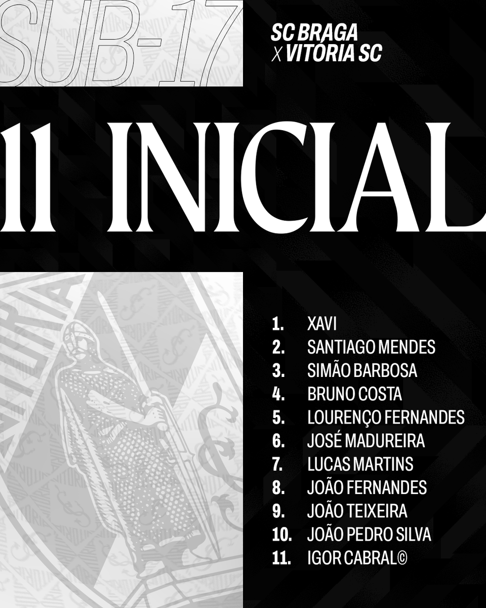 VitoriaSC1922's tweet photo. O ONZE para o dérbi⚔️
🕚 11 horas
📍 Cidade Desportiva SC Braga
ℹ️ Jornada 16 da Fase de Apuramento de Campeão
#UnidosPeloVitória • #Sub17 • #SCBVSC https://t.co/qCGHSlRjg7