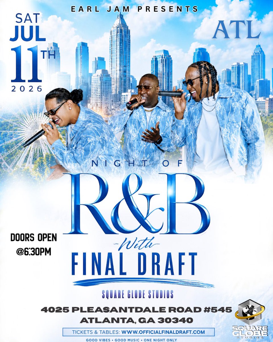 4FinalDraft's tweet photo. Get Your Tickets Atlanta 🍑 Get Ready July 11th 🕺🪩🎶 Night Of R&amp;B With Ya Boyz 👑👑👑 it’s UP!!! @squareglobestudios 🙌🏿🙌🏾🙌🏽

 🎫 Info On Our Site Check Bio ⬆️
Get Your Ticket &amp; Tables on Our Website ⬆️ https://t.co/JLbLUkWT9k