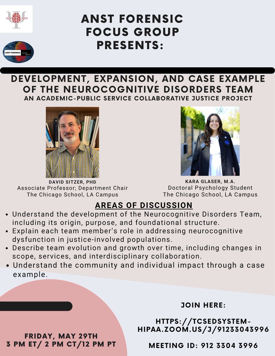 ANSTForensic's tweet photo. Happening Today! 🚨 Learn how the Neurocognitive Disorders Team is shaping justice-focused collaboration through a real case study. 
Join via Zoom: https://t.co/kpUbPDmHnu
Hope see you there! https://t.co/LAjEgLoGuD