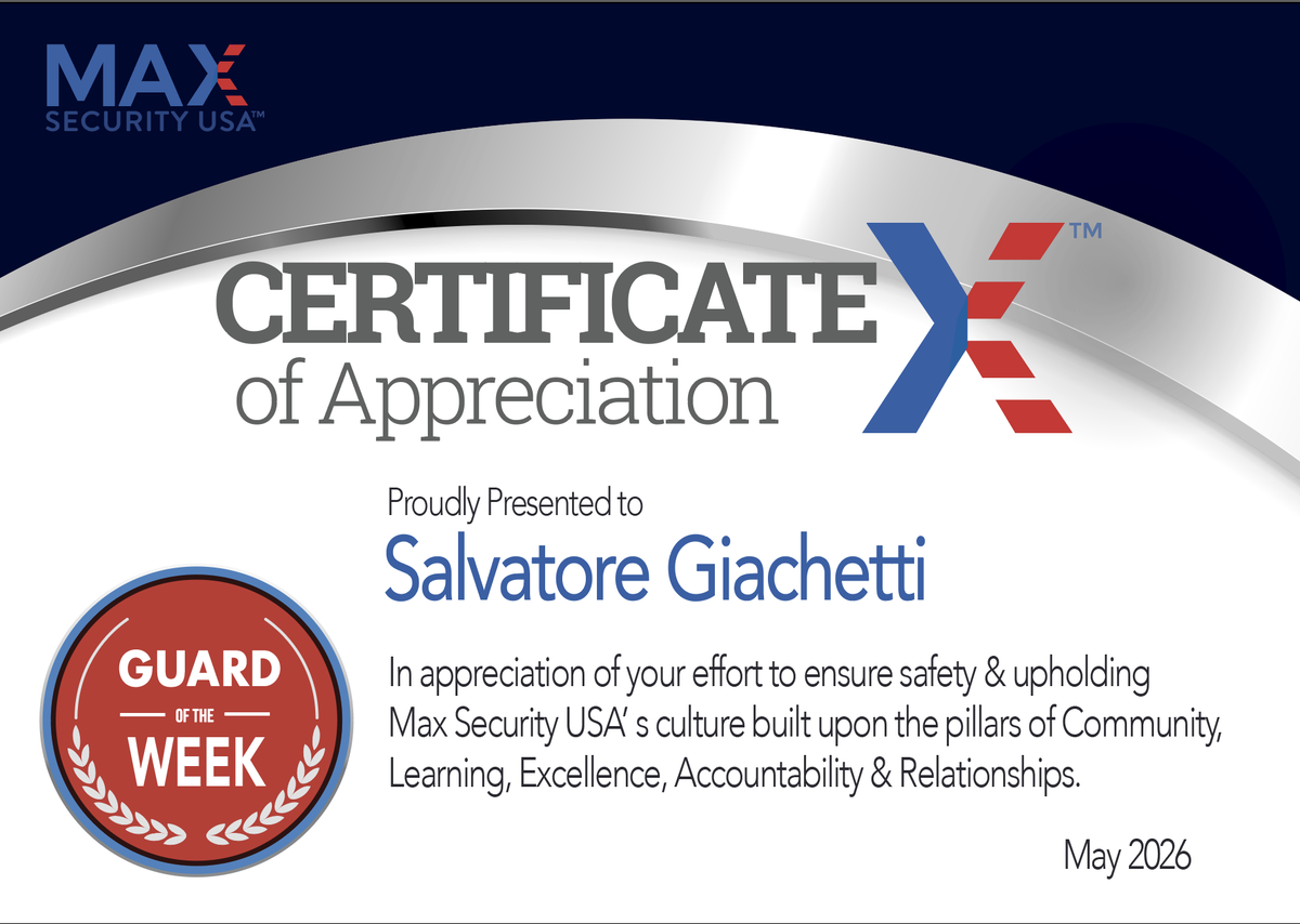 MaxSecurityUSA's tweet photo. 🏆 GUARD OF THE WEEK 🏆

Please join us in congratulating Salvatore Giachetti on being named Guard of the Week! 👏

#MaxSecurityUSA #GuardOfTheWeek #SecurityProfessionals #TeamRecognition #SecurityIndustry #Leadership #SecurityOfficer #EmployeeRecognition https://t.co/ThO37wDx5u