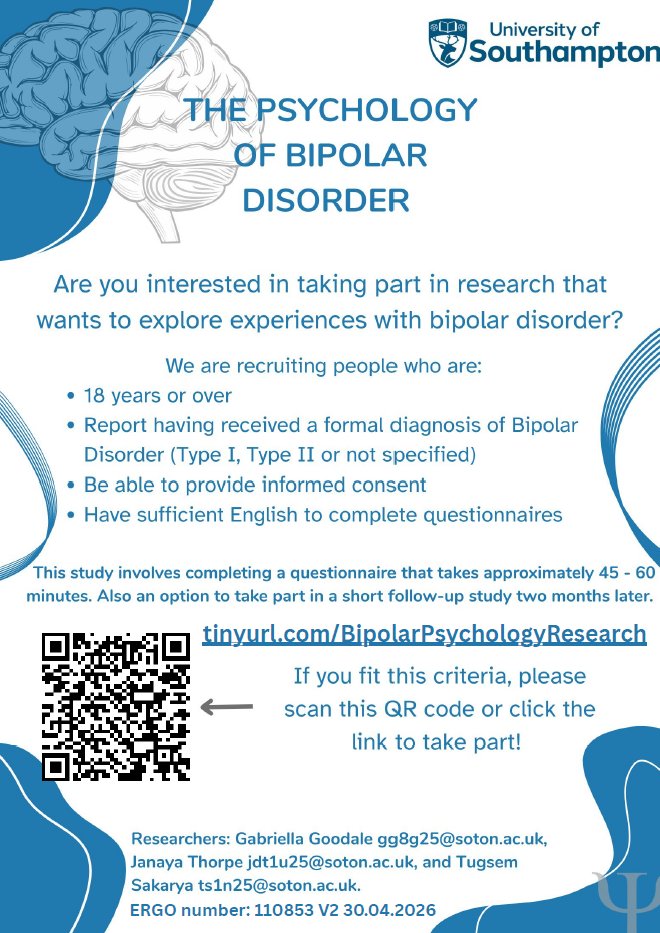 DrTomRichardson's tweet photo. Do you have #Bipolardisorder? We are looking for volunteers to take part in research.

We are running a series of study to try and better understand the psychology of #bipolar disorder e.g. competitiveness, high standards and experiences of bullying. 

https://t.co/LRGOPZoX5X https://t.co/ZSY6i1G9Kd