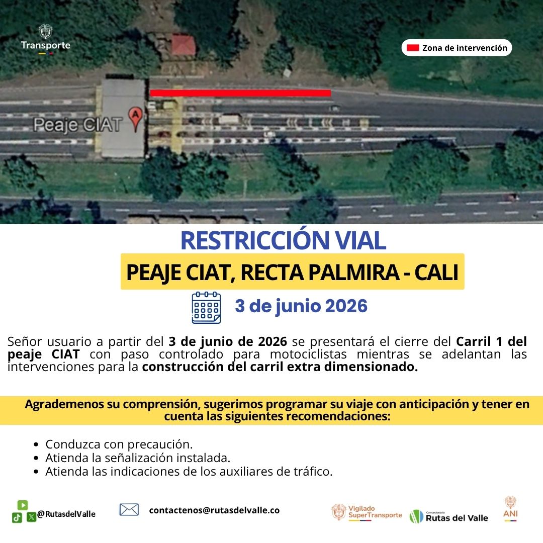 RutasDelValle's tweet photo. #EnRÚTAteconlaMalla #NovedadVial

Señor usuario tenga en cuenta la novedad en el carril 1 del peaje CIAT sobre la recta Palmira - Cali, a partir del 3 de junio de 2026.

Atienda las recomendaciones.

#juntosconstruimosfuturo https://t.co/dhiWOGlmLN