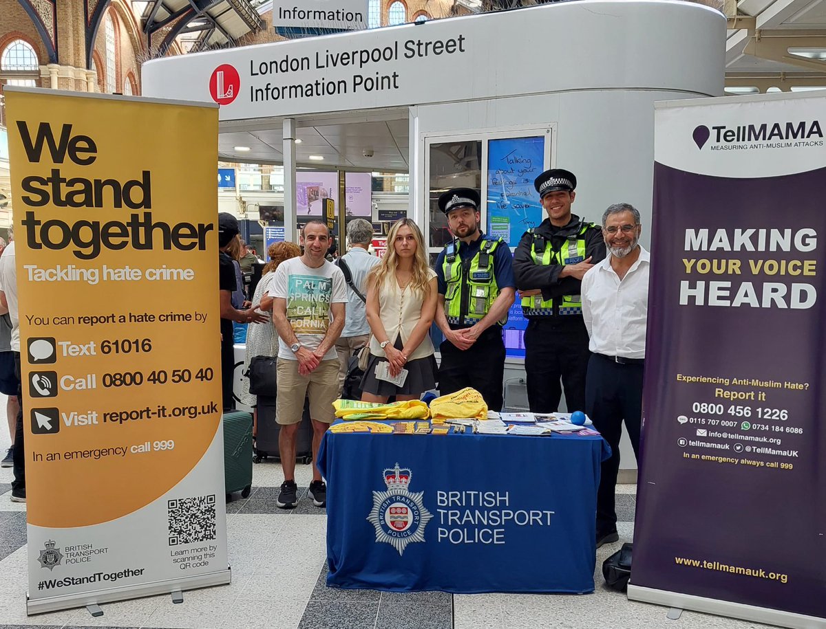 JewishLondon's tweet photo. We joined colleagues from @BTP &amp; @TellMamaUK at Liverpool St station to raise awareness about rising hate crime in London, particularly antisemitism &amp; Islamophobia. With antisemitic incidents doubling since 2022, it is more important than ever to report hate wherever you see it https://t.co/Xa044ql7vO
