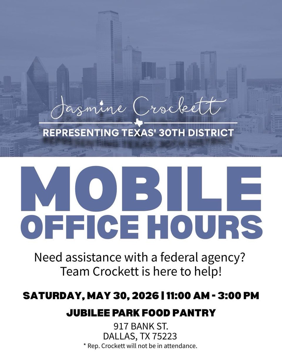 RepJasmine's tweet photo. Need help with a federal agency? We got you.

This Saturday, Team Crockett will be at the Jubilee Food Pantry from 11 AM to 2 PM. If you’ve been trying to get answers, need support, or just don’t know where to start, stop by and see us.

We’re here to serve you! https://t.co/O9gytDQLKS