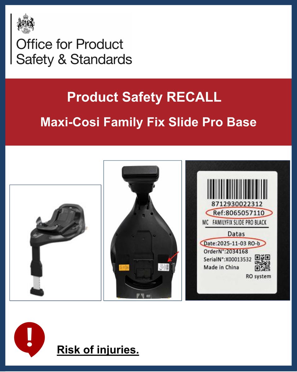 OfficeforSandS's tweet photo. ⚠ Product Recall for Maxi-Cosi Family Fix Slide Pro Base.

The product presents a risk of injuries because the indicator, which shows whether the seat is correctly fitted, may display ‘green’ even when the car seat is not fully attached to the base. As a result, a user may believe the seat is properly connected when it is not. This could cause the seat to move or detach, potentially injuring the occupant.

The product has been recalled from customers by Maxi Cosi. ⚠

Anyone with this product should stop using the product immediately. To check if your product is affected and for more information please visit: https://t.co/MIeMPCdYHq .

https://t.co/ETNpBy5raY

#UkRecallsAndAlerts #ProductRecall