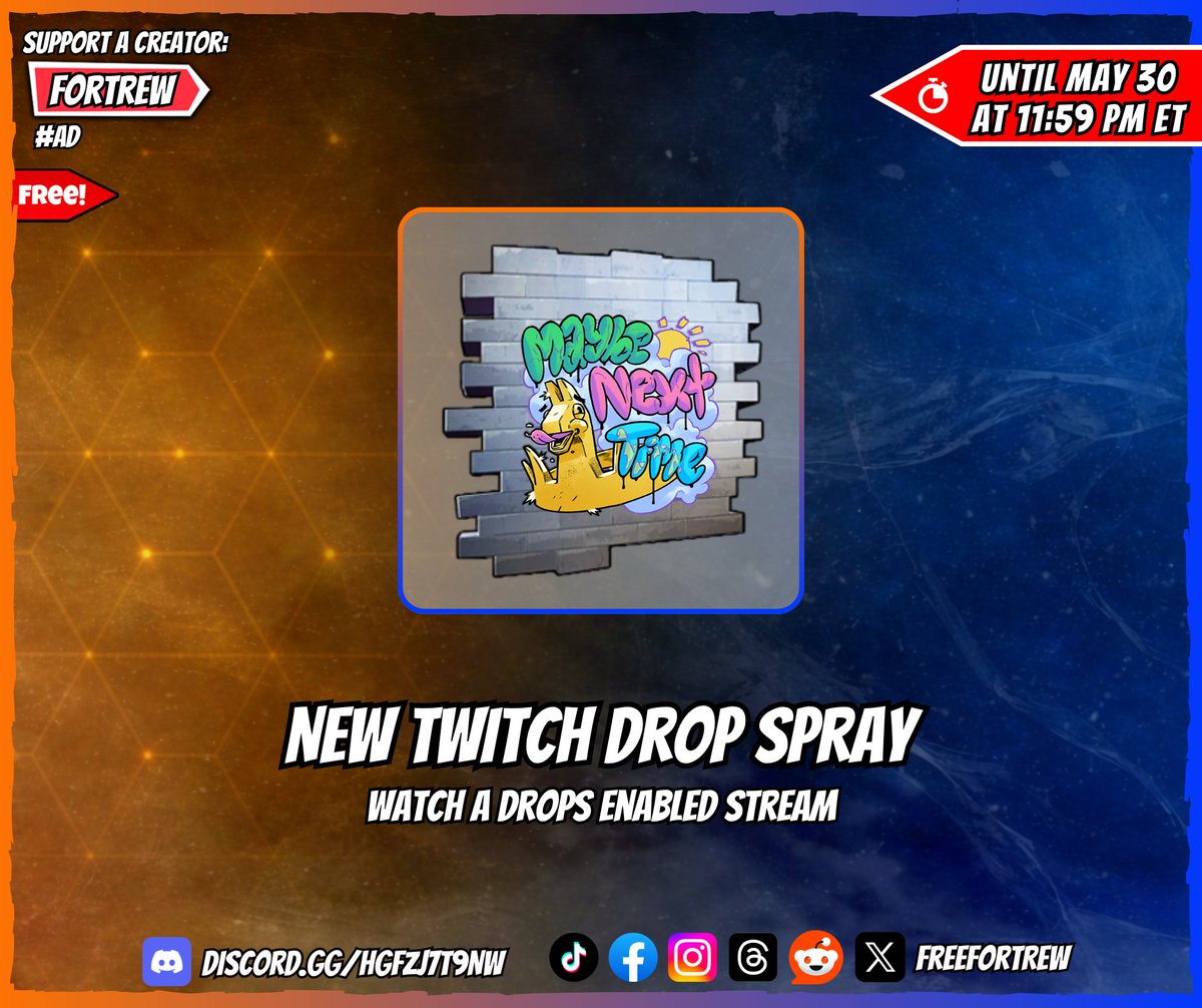 freefortrew's tweet photo. New Twitch Drop Spray

Watch a Drops Enabled stream on Twitch.

🏆 Rewards:
• "Missed the Dub" Spray

🔗 https://t.co/9L20pdkxoG

📅 Available until May 30 at 11:59 PM ET. https://t.co/sZGxmrPHy6